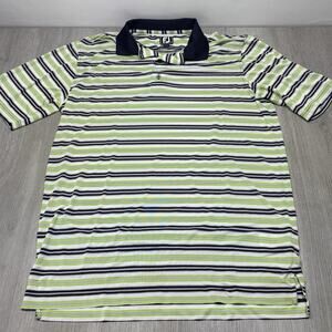 Large Footjoy Golf Polo Shirt Athletic Fit Stripped White Blue Green Stretch